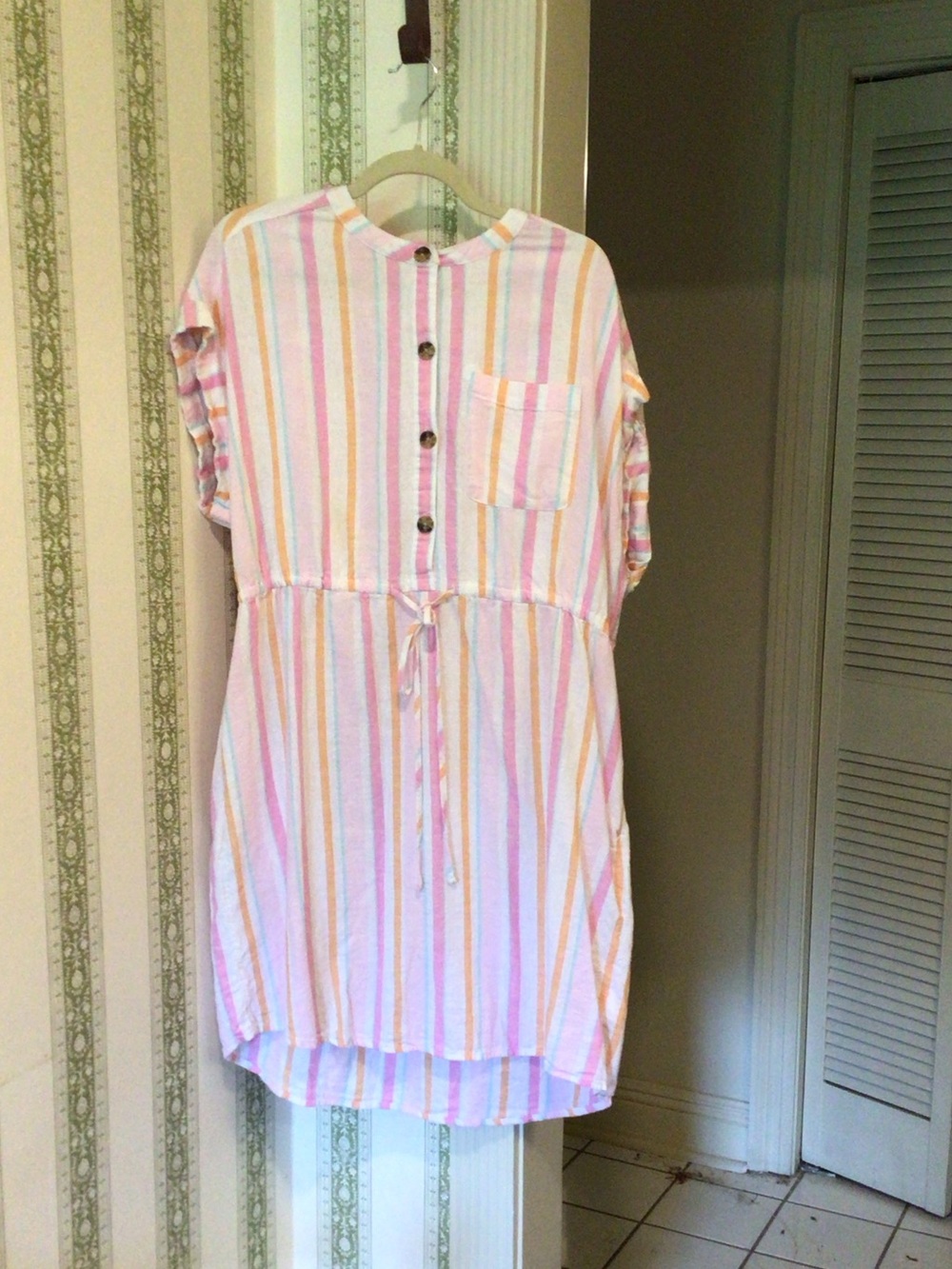 Time and Tru Pink and Yellow Striped Button-Front Shirt Dress